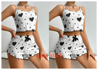 Women'S Pajamas Set Sleepwear 2 PCS Short Tank Tops and Shorts S M L White Ventilate Soft Casual Love Printing